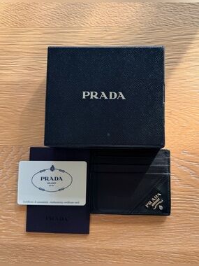 Prada Black Saffiano Leather Card Holder with Silver Logo